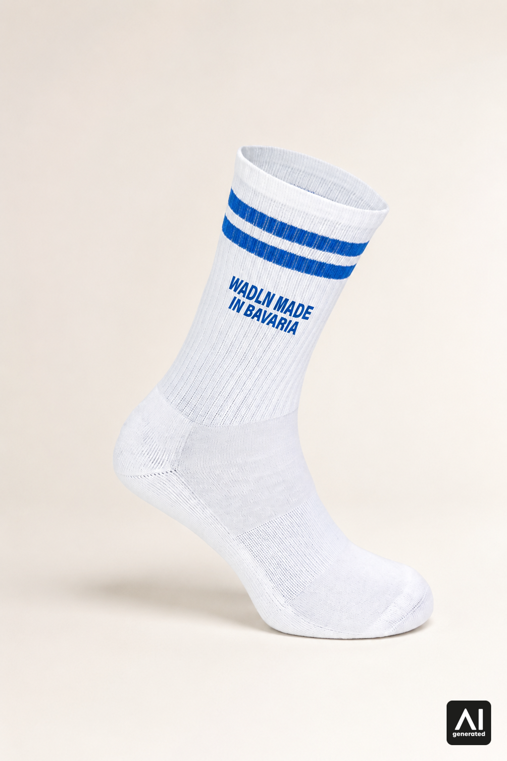 Weiße Tennissocke „Wadln Made in Bavaria“ mit navyblauen Streifen – Produktansicht