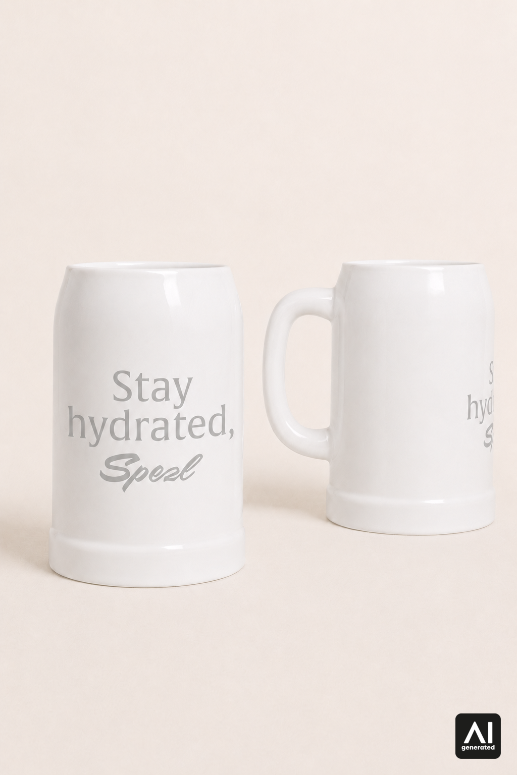 Krug Stay hydrated, Spezl – Produktansicht in Weiß und Silber