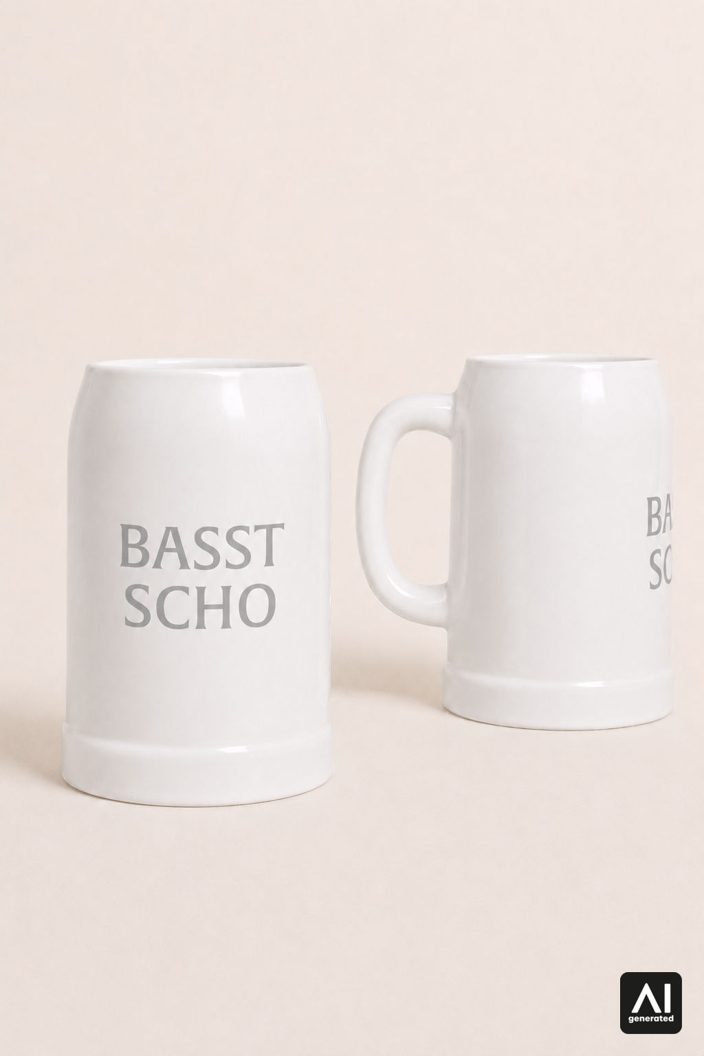 Krug Basst Scho – Produktansicht in Weiß und Silber