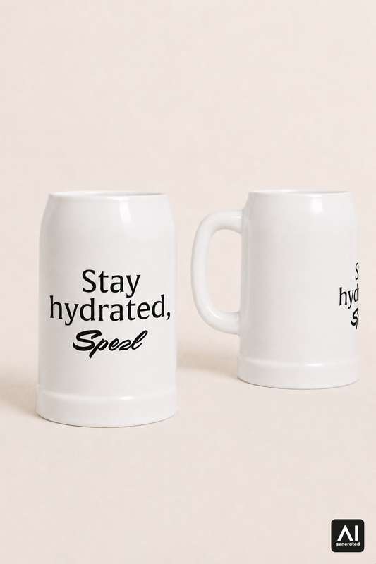 Krug Stay hydrated, Spezl – Produktansicht in Weiß und Schwarz
