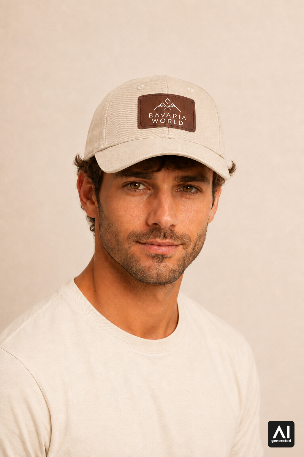 Bavaria World Cap Herren in Beige – Dreiviertelansicht am Model