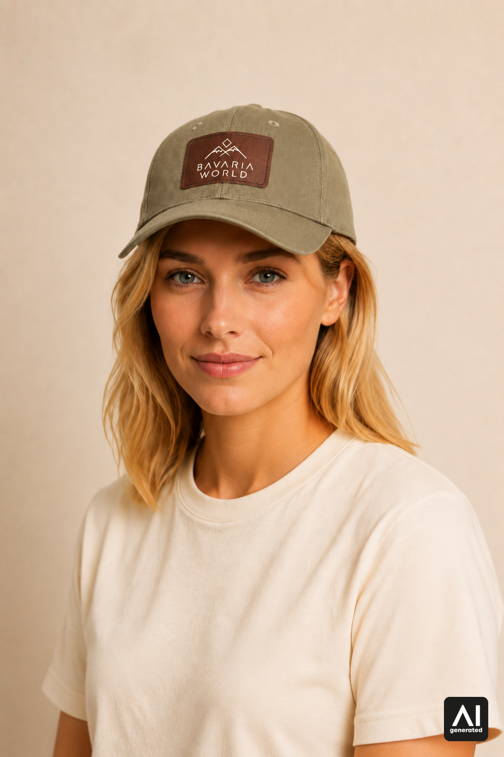 Bavaria World Cap Damen in Light Olive – Dreiviertelansicht am Model