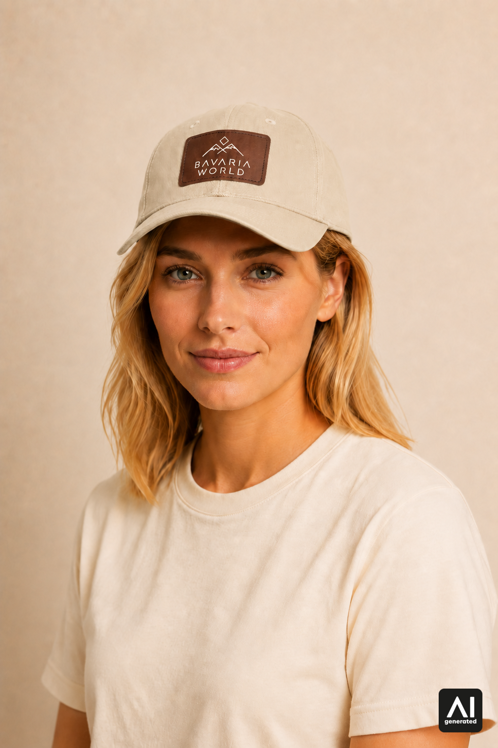 Bavaria World Cap Damen in Beige – Dreiviertelansicht am Model