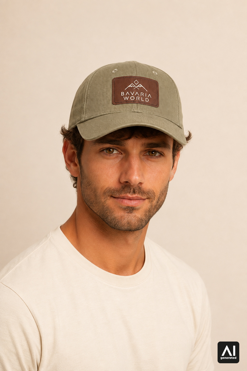 Bavaria World Cap Herren in Light Olive – Dreiviertelansicht am Model