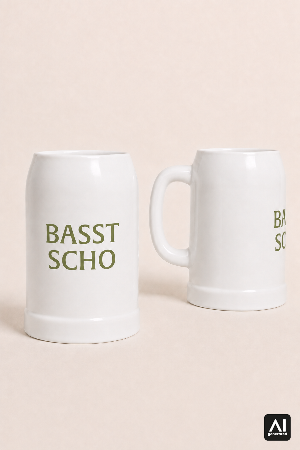 Krug Basst Scho – Produktansicht in Weiß und Light Olive