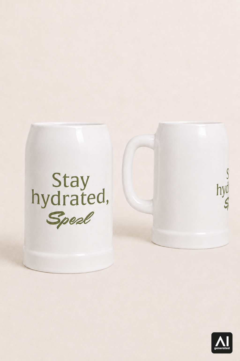 Krug Stay hydrated, Spezl – Produktansicht in Weiß und Light Olive