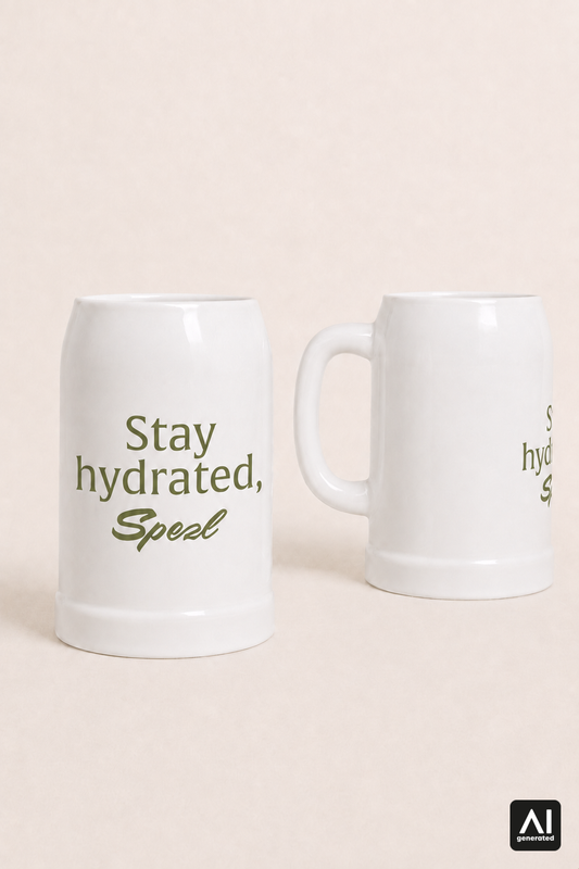 Krug Stay hydrated, Spezl – Produktansicht in Weiß und Light Olive