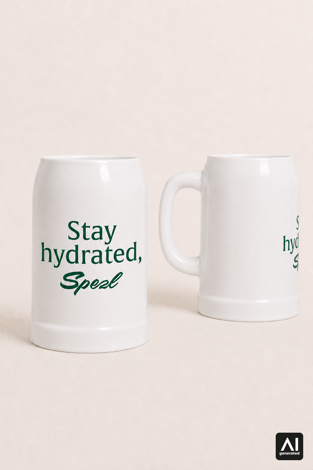 Krug Stay hydrated, Spezl – Produktansicht in Weiß und Grün