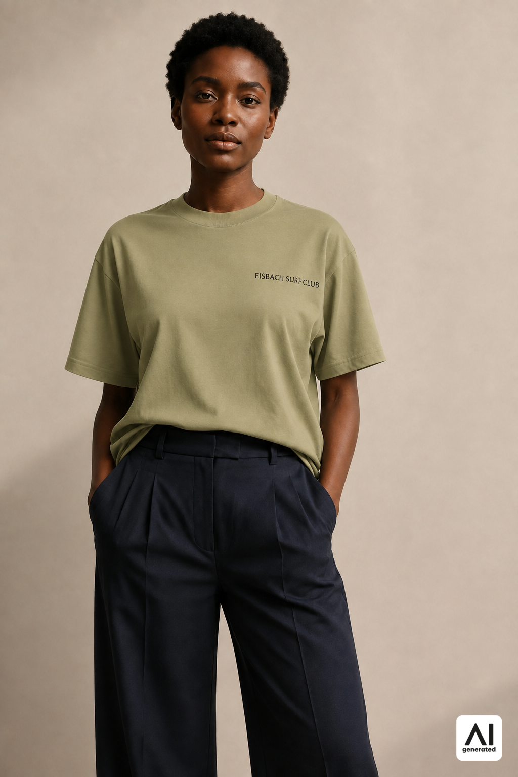 Damen-T-Shirt „Eisbach Surf Club“ in Light Olive – Vorderansicht