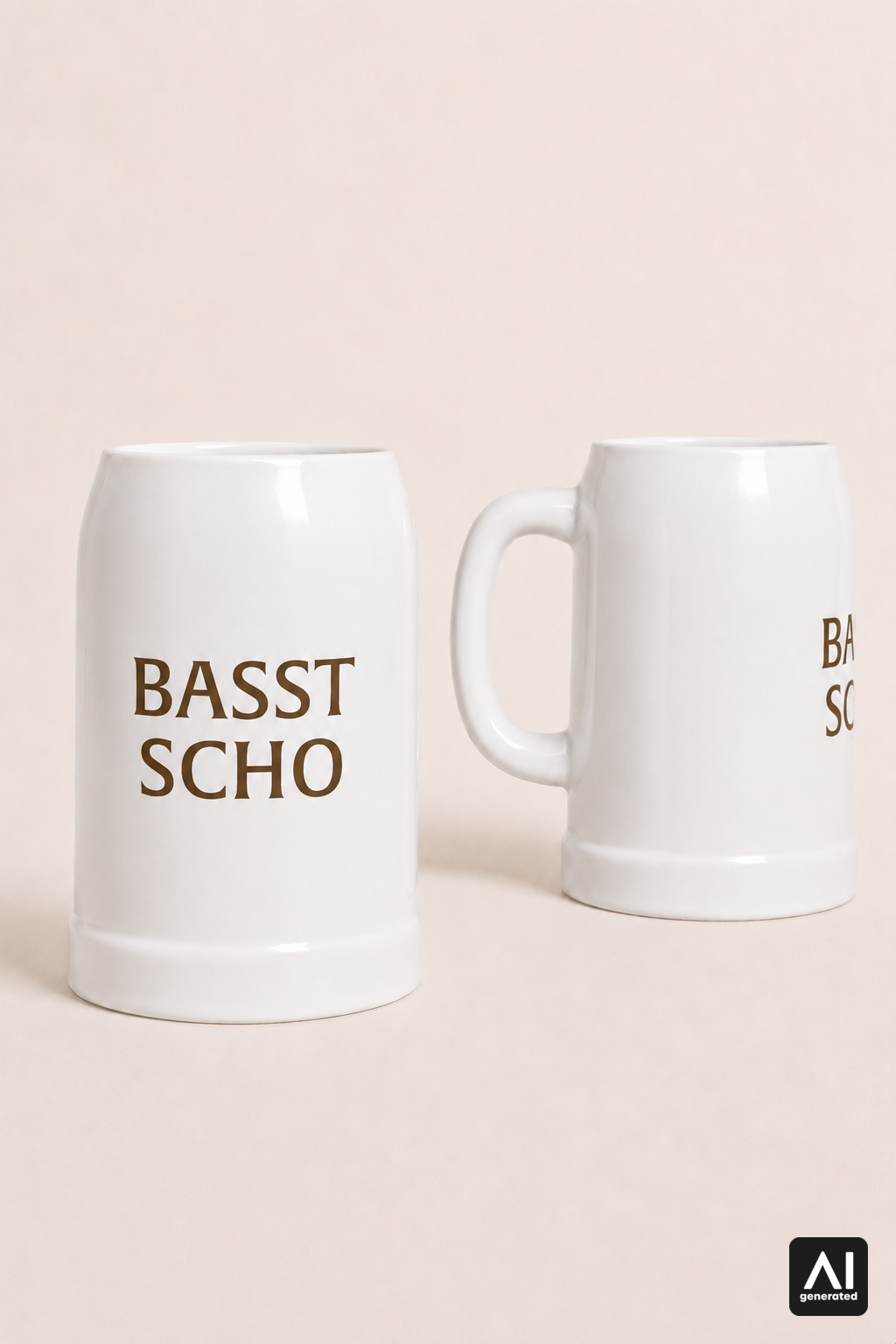Krug Basst Scho – Produktansicht in Weiß und Braun