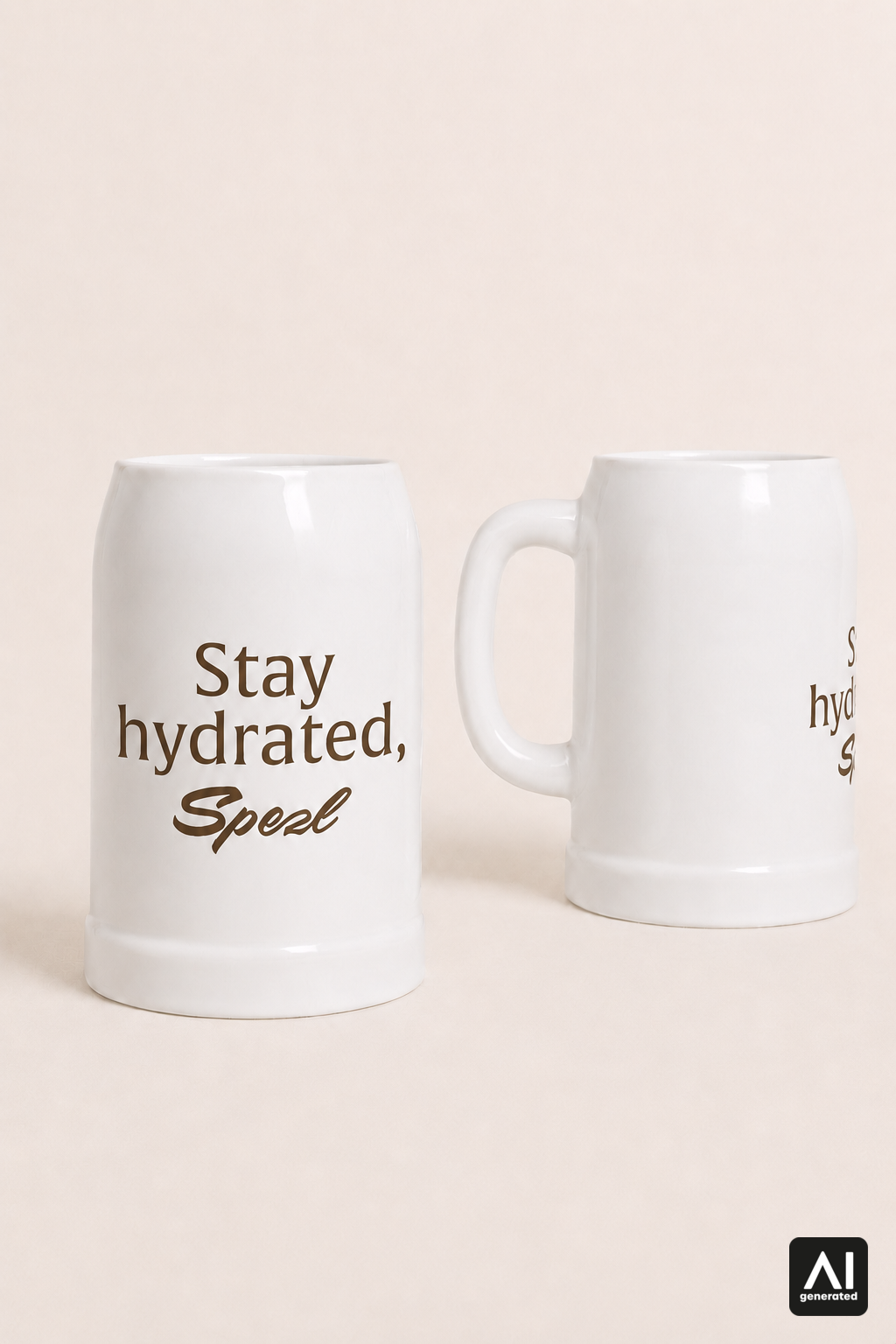 Krug Stay hydrated, Spezl – Produktansicht in Weiß und Braun
