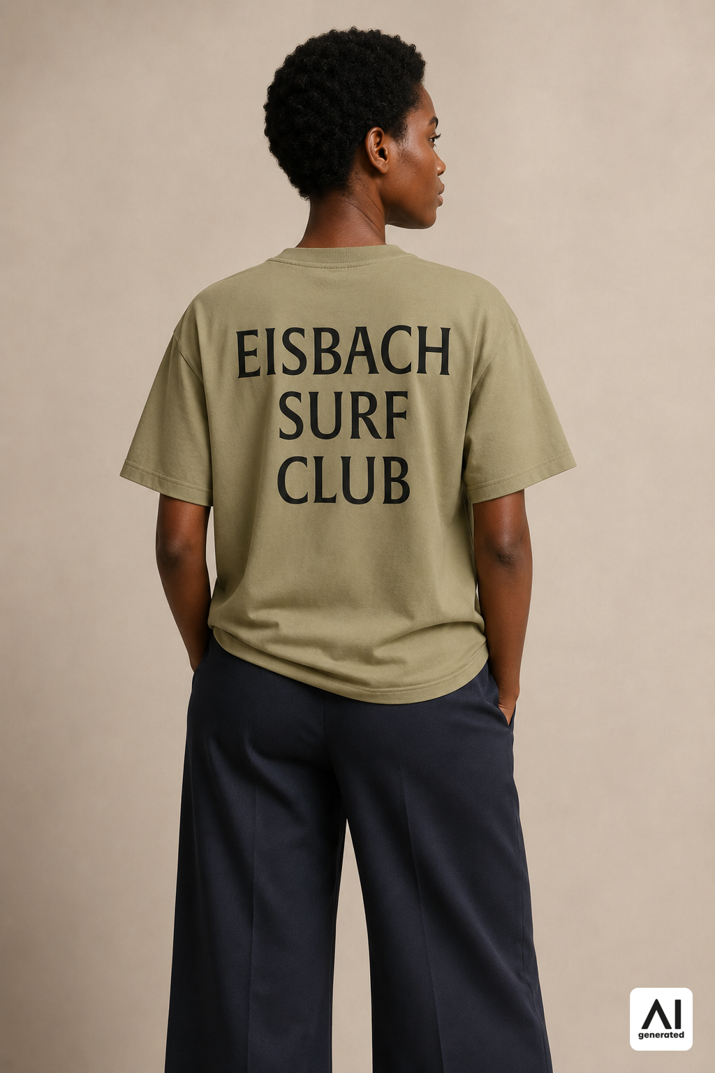 Damen-T-Shirt „Eisbach Surf Club“ in Light Olive – Rückansicht