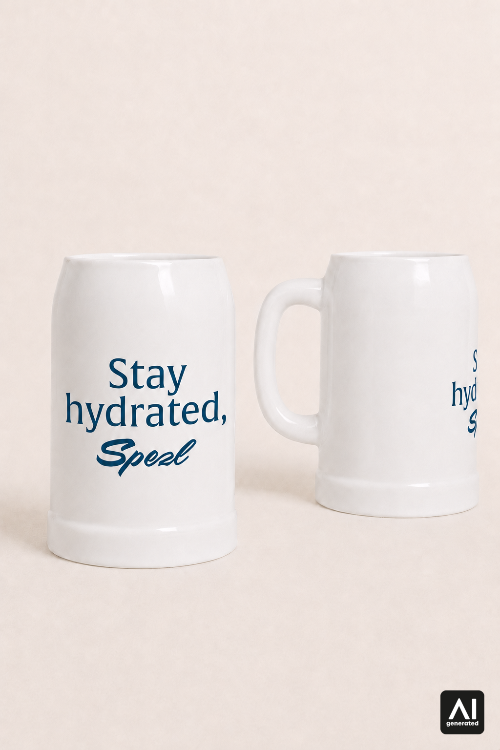 Krug Stay hydrated, Spezl – Produktansicht in Weiß und Blau