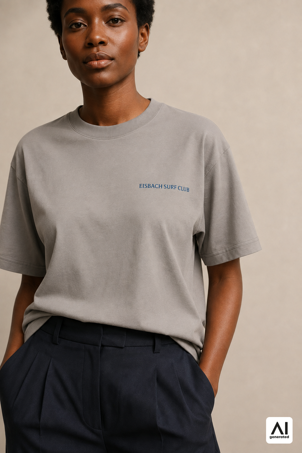 Damen-T-Shirt „Eisbach Surf Club“ in Shitake – Detailansicht
