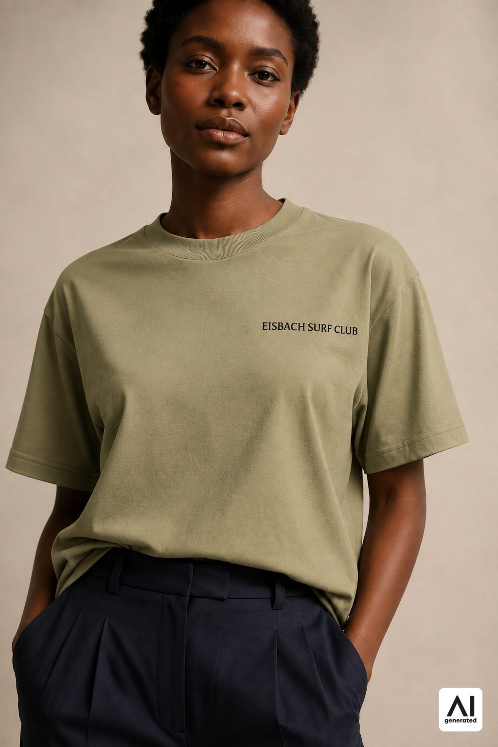 Damen-T-Shirt „Eisbach Surf Club“ in Light Olive – Detailansicht