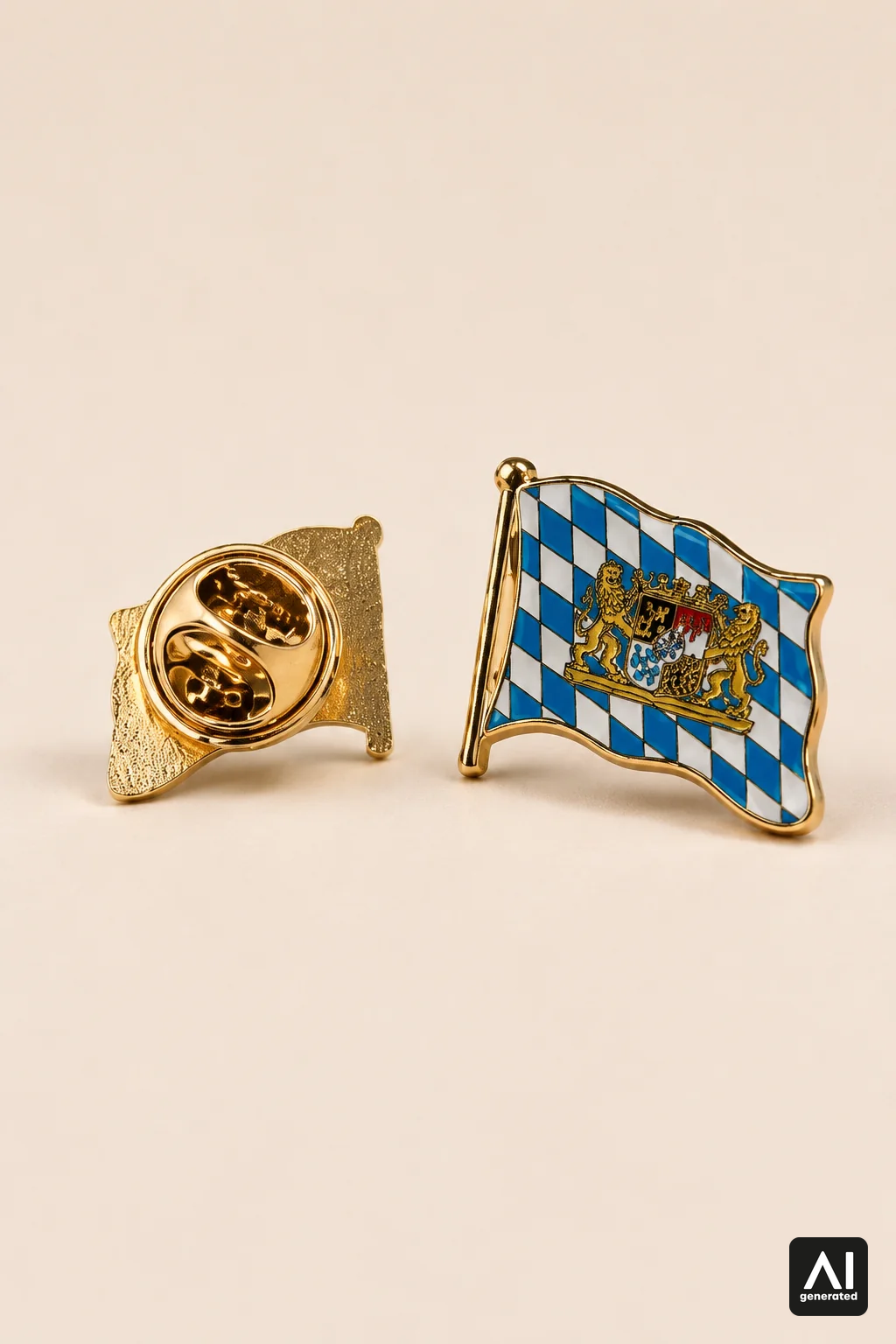 Pin „Flagge Freistaat Bayern“ mit weiß-blauem Rautenmuster, Wappen und goldfarbenem Rand – Vorder- und Rückansicht