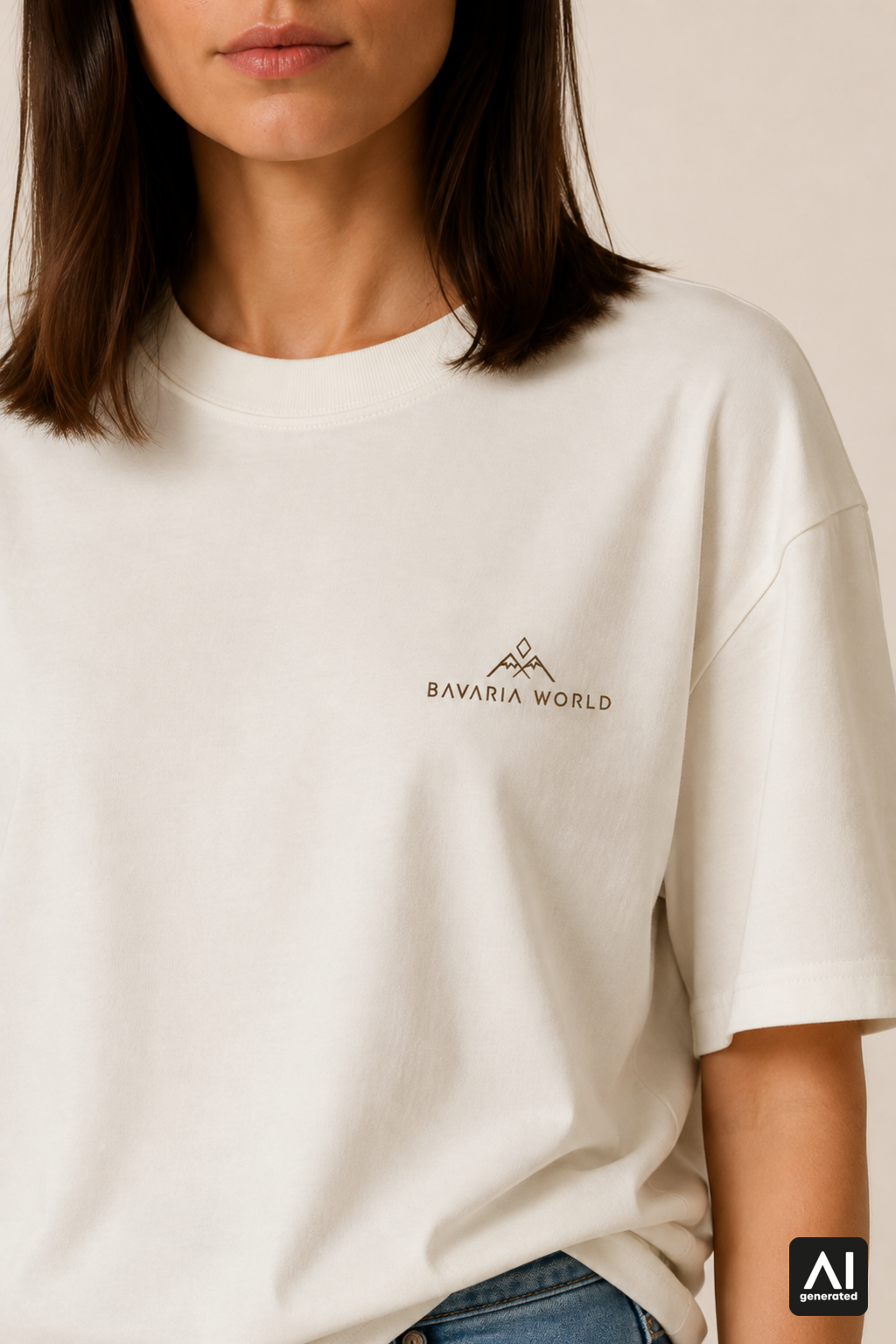 T-Shirt Bavaria World Damen – Detailansicht in Bone und Braun