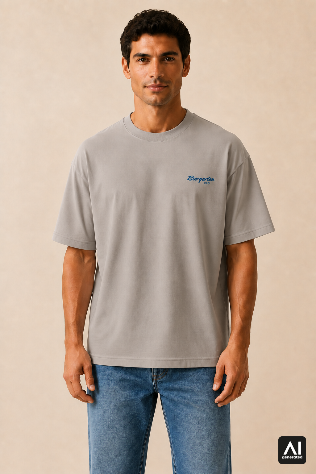 T-Shirt Biergarten CEO Herren – Vorderansicht in Shitake und Blau