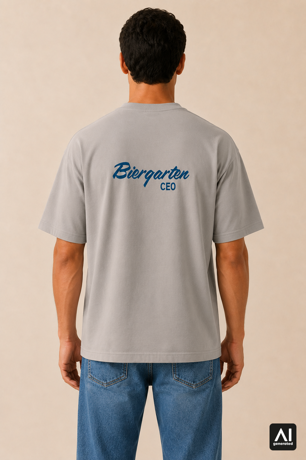 T-Shirt Biergarten CEO Herren – Rückansicht in Shitake und Blau