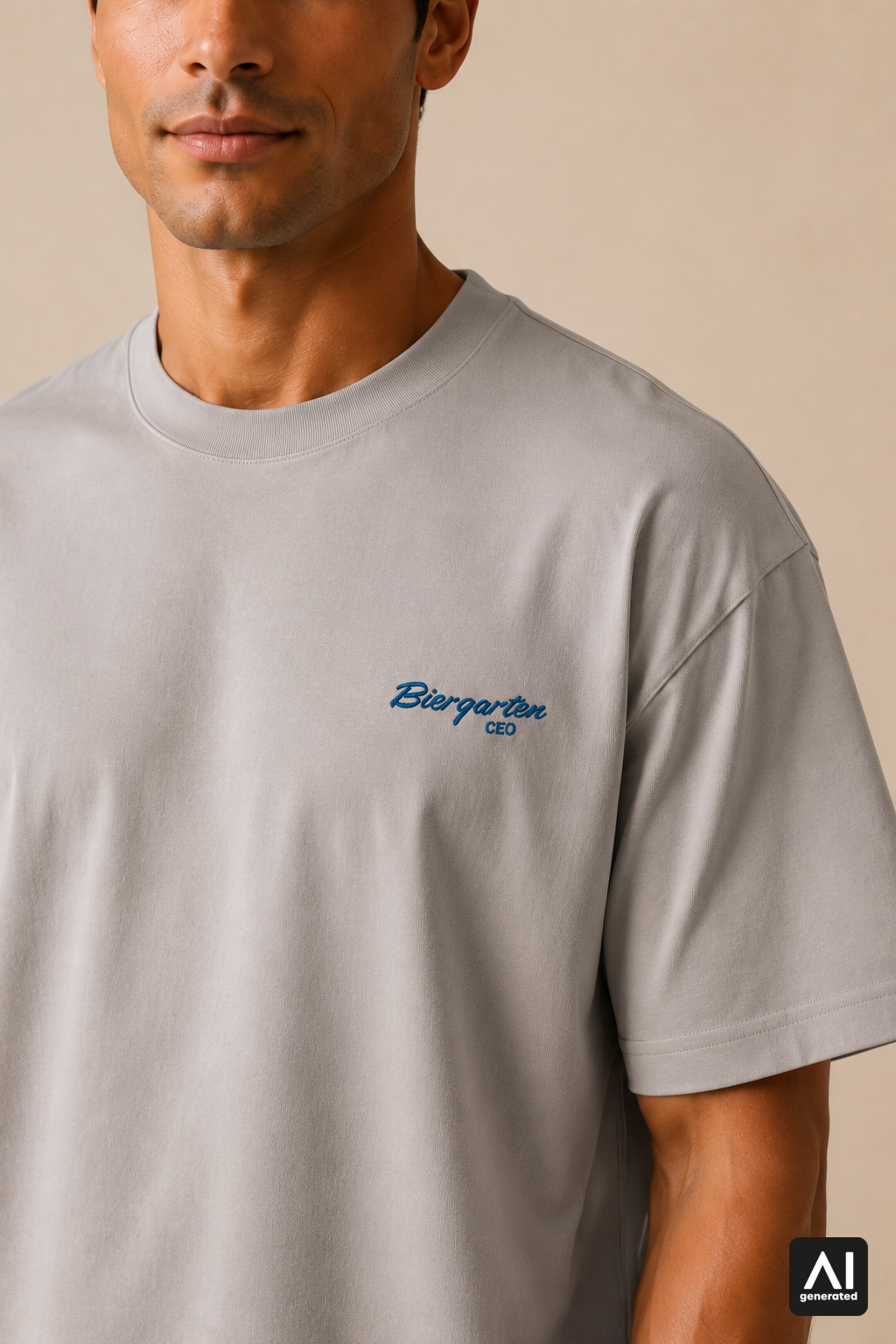 T-Shirt Biergarten CEO Herren – Detailansicht in Shitake und Blau