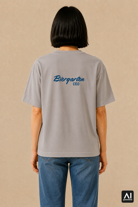 T-Shirt Biergarten CEO Damen – Rückansicht in Shitake und Blau