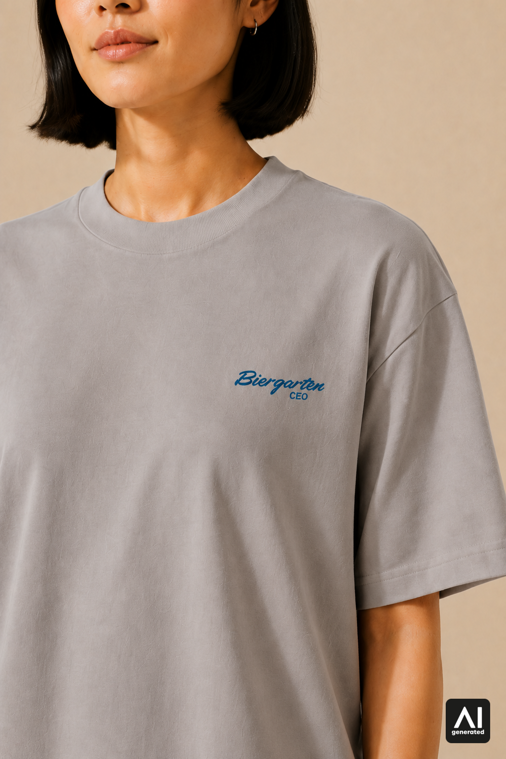T-Shirt Biergarten CEO Damen – Detailansicht in Shitake und Blau