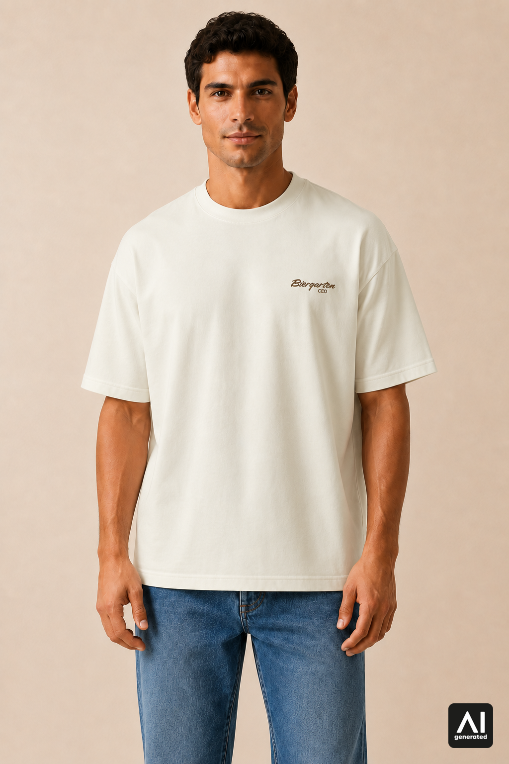 T-Shirt Biergarten CEO Herren – Vorderansicht in Bone und Braun