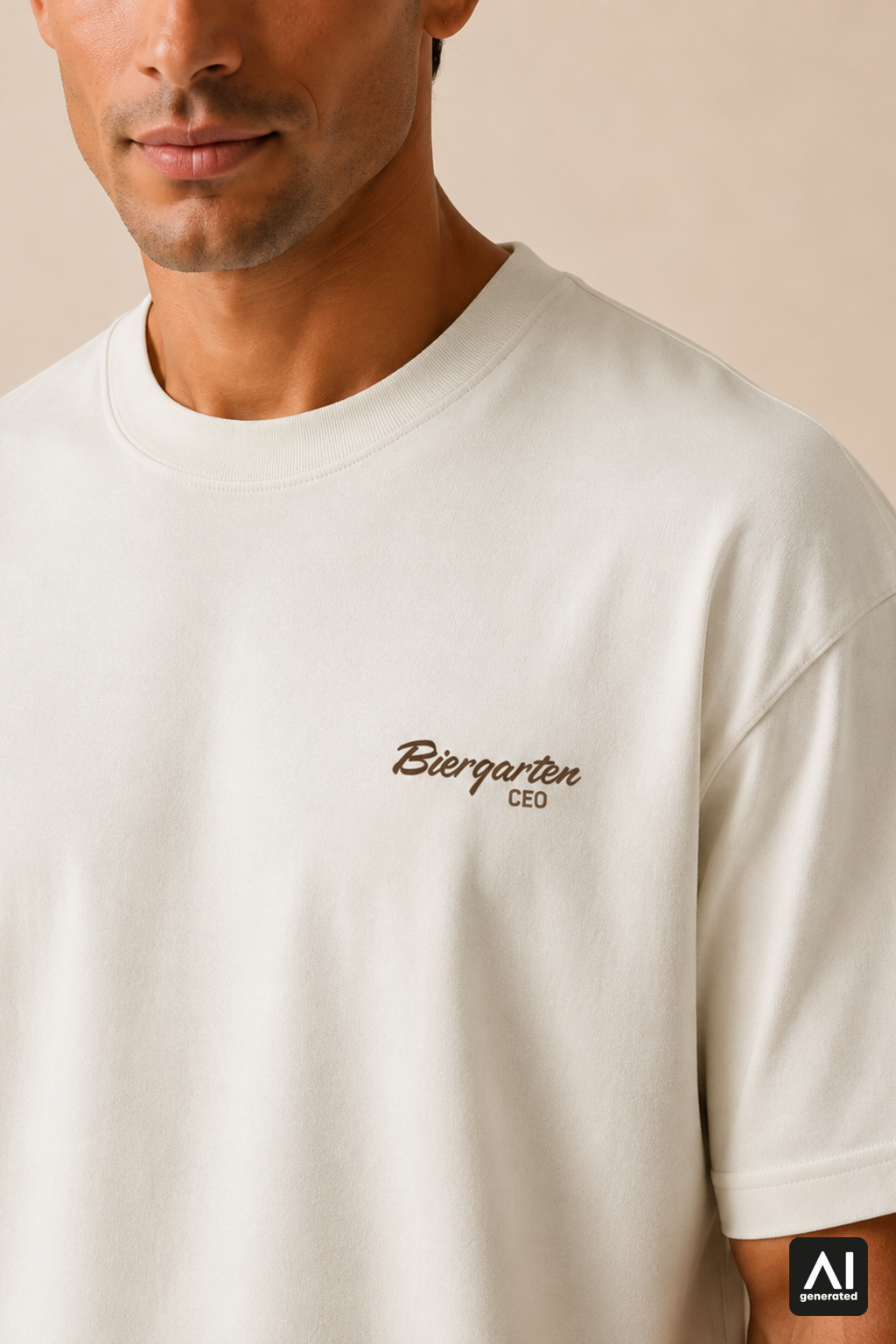 T-Shirt Biergarten CEO Herren – Detailansicht in Bone und Braun