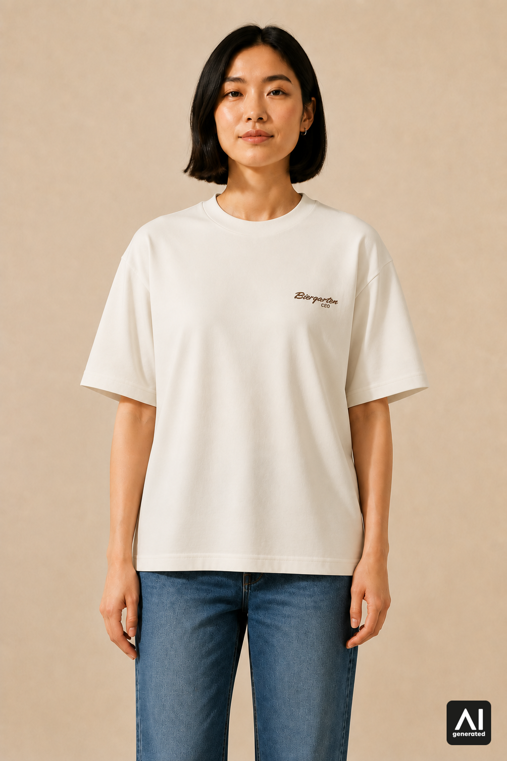 T-Shirt Biergarten CEO Damen – Vorderansicht in Bone und Braun