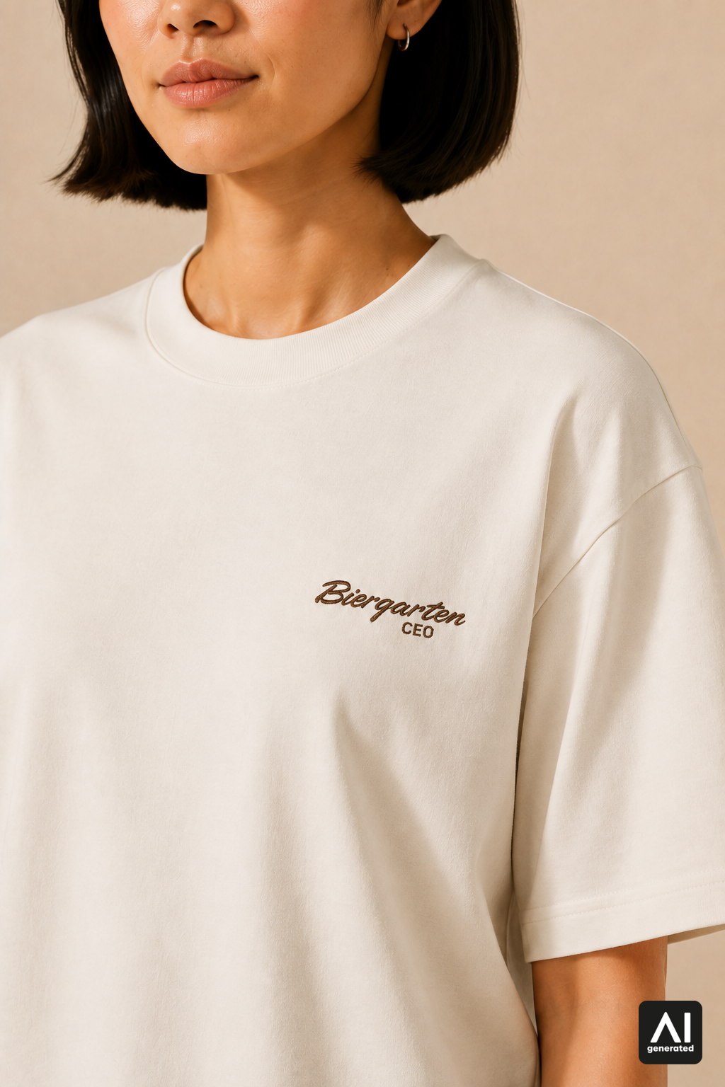 T-Shirt Biergarten CEO Damen – Detailansicht in Bone und Braun