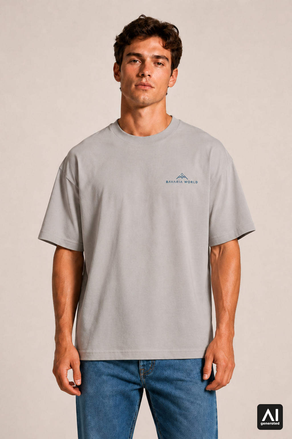 T-Shirt Bavaria World Herren – Vorderansicht in Shitake und Blau