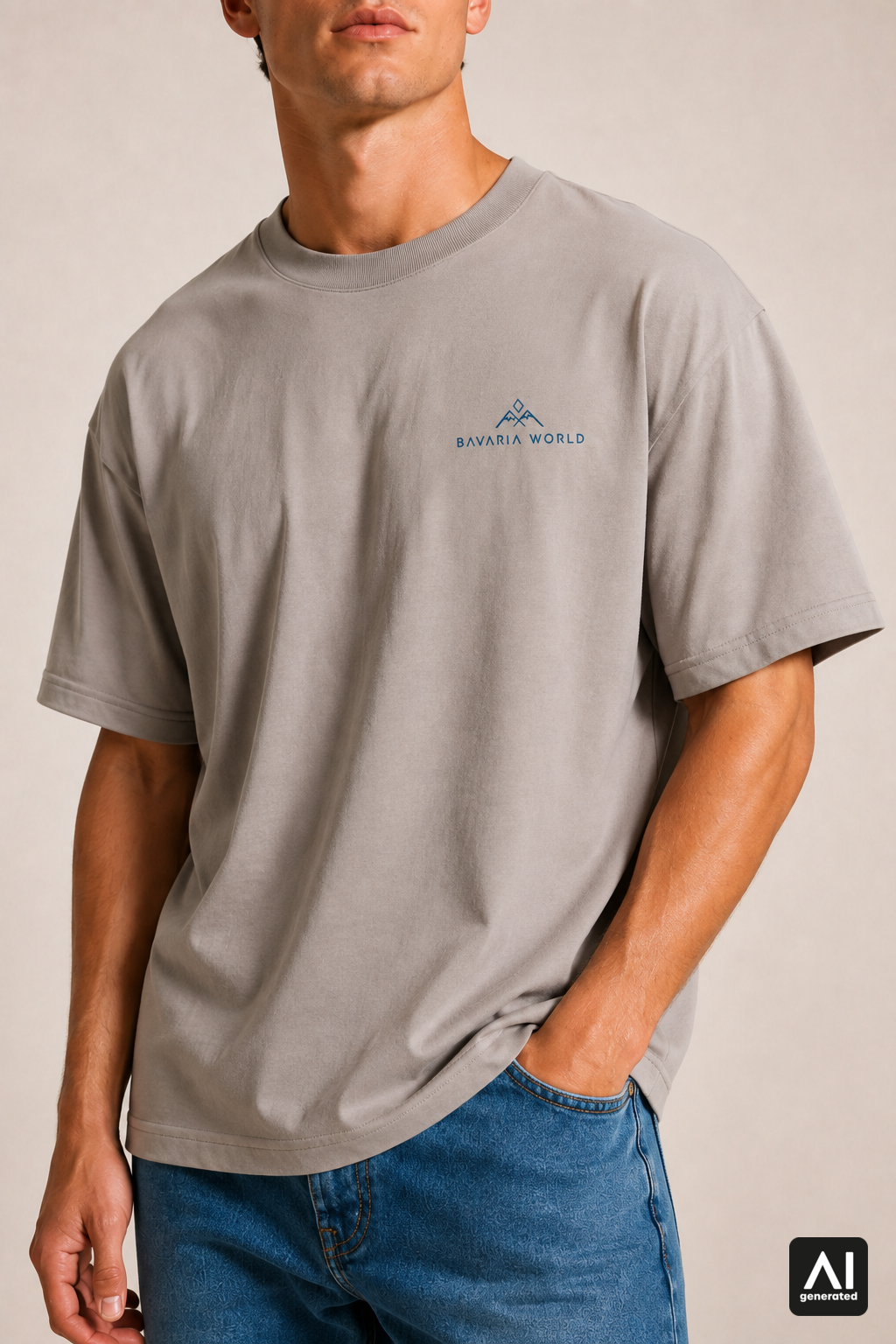 T-Shirt Bavaria World Herren – Detailansicht in Shitake und Blau
