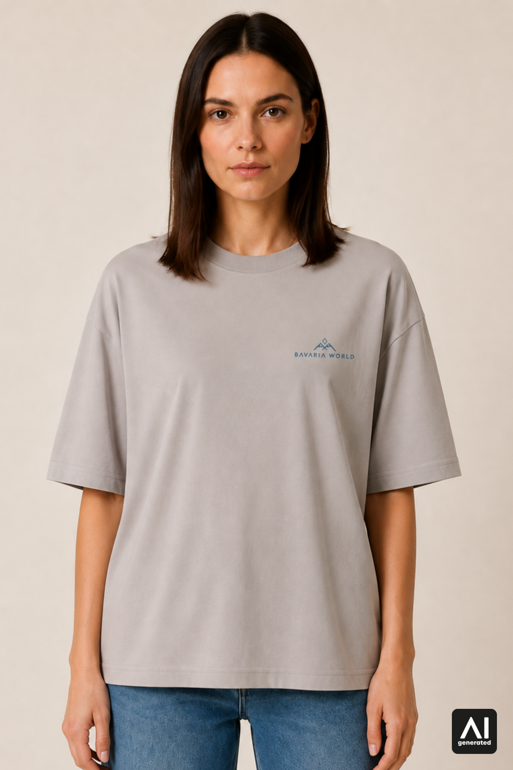 T-Shirt Bavaria World Damen – Vorderansicht in Shitake und Blau