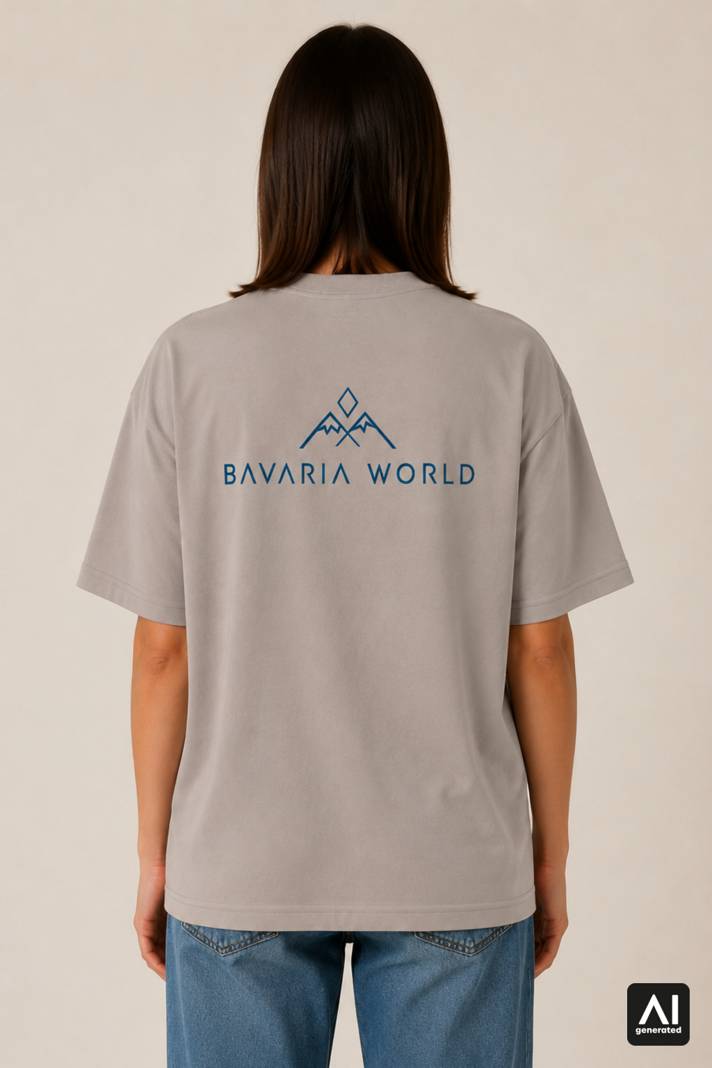 T-Shirt Bavaria World Damen – Rückansicht in Shitake und Blau