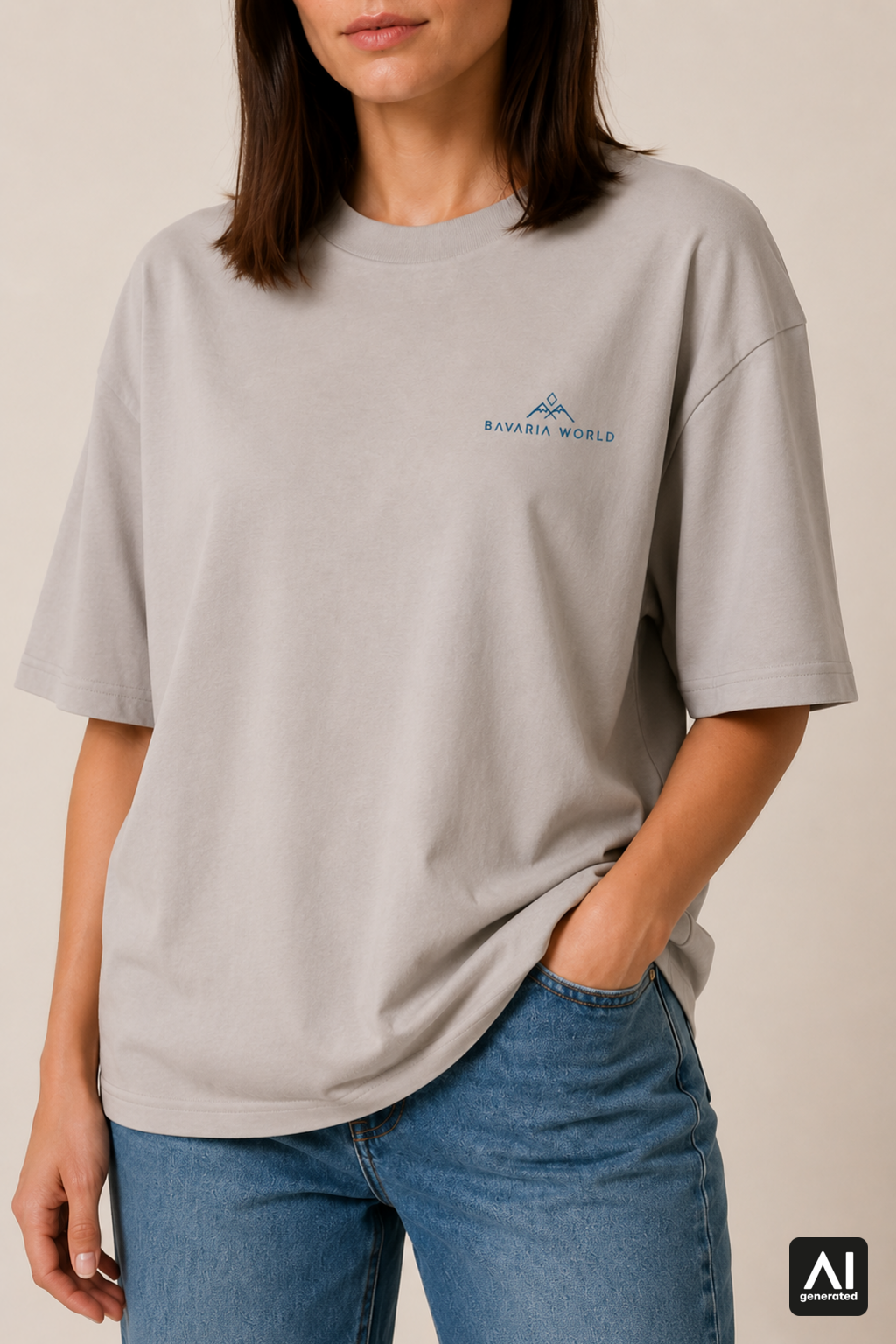 T-Shirt Bavaria World Damen – Detailansicht in Shitake und Blau