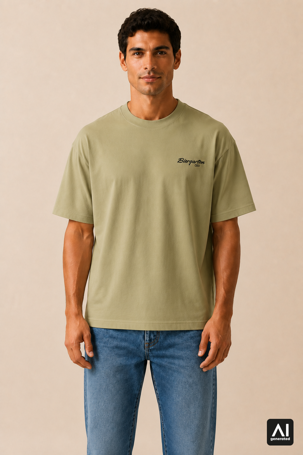 T-Shirt Biergarten CEO Herren – Vorderansicht in Schwarz und Light Olive