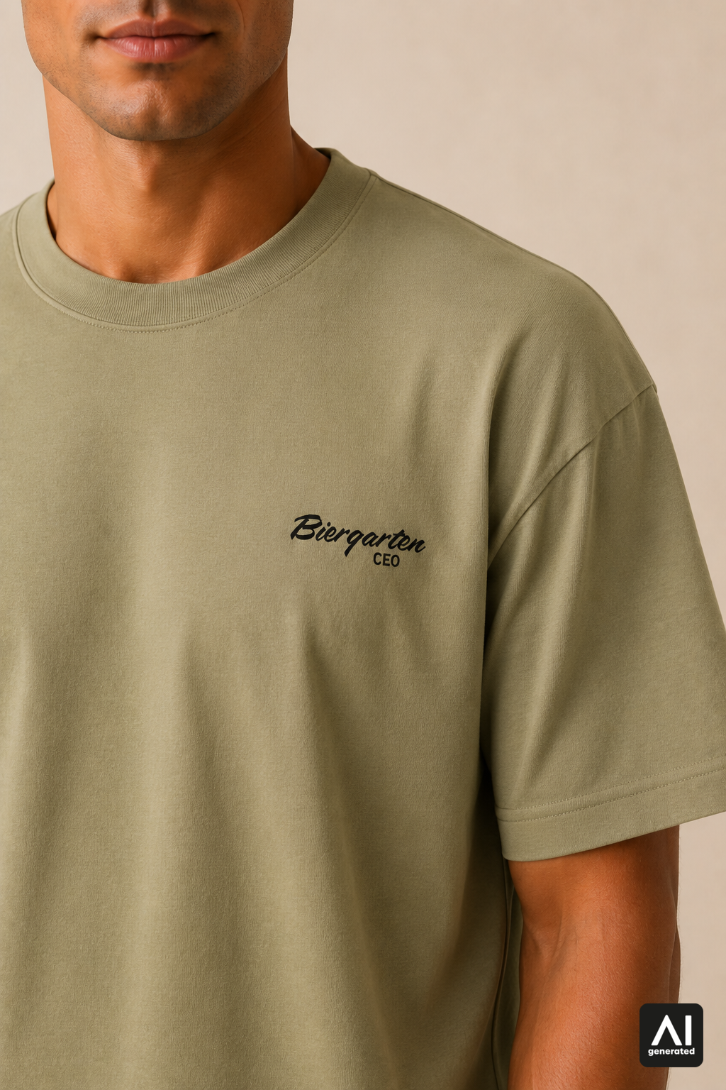T-Shirt Biergarten CEO Herren – Detailansicht in Schwarz und Light Olive