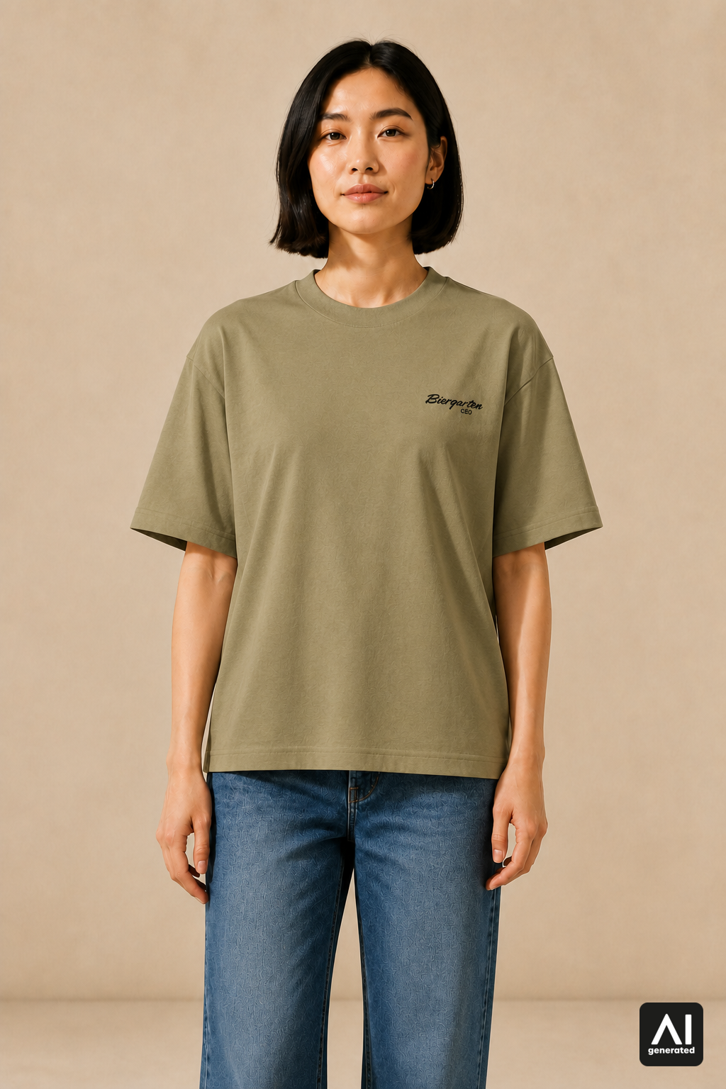 T-Shirt Biergarten CEO Damen – Vorderansicht in Schwarz und Light Olive
