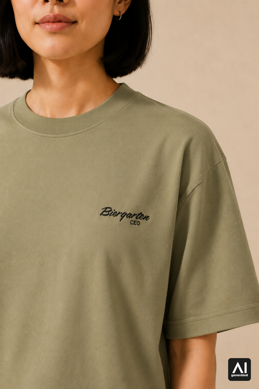 T-Shirt Biergarten CEO Damen – Detailansicht in Schwarz und Light Olive