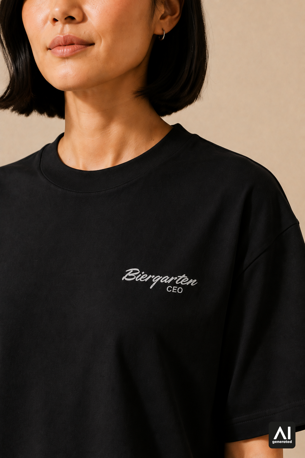 T-Shirt Biergarten CEO Damen – Detailansicht in Schwarz und Silber