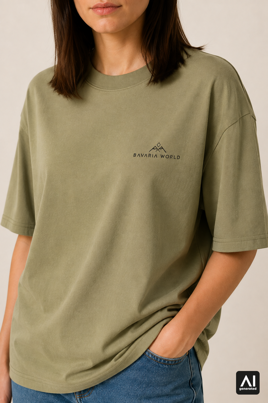 T-Shirt Bavaria World Damen – Detailansicht in Schwarz und Light Olive