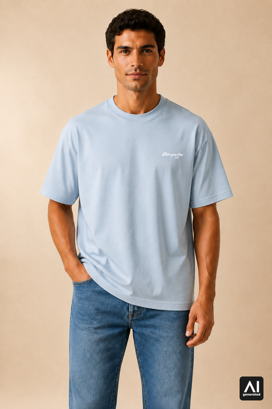 T-Shirt Biergarten CEO Herren – Vorderansicht in Weiß und Stonewash Denim