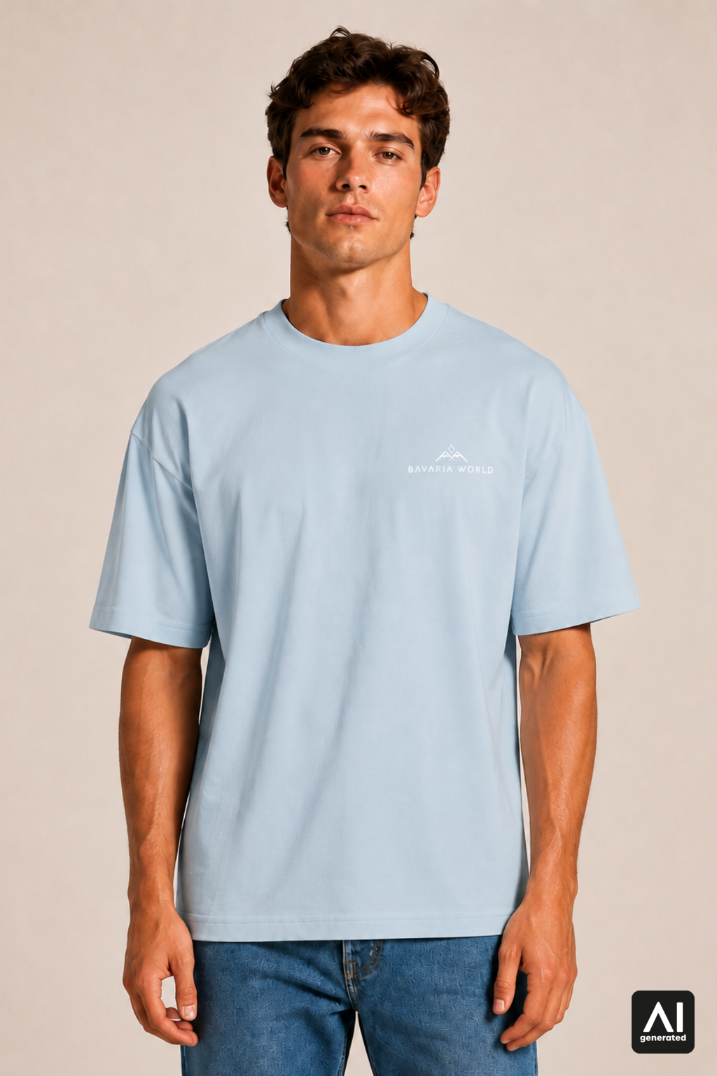 T-Shirt Bavaria World Herren – Vorderansicht in Weiß und Stonewash Denim