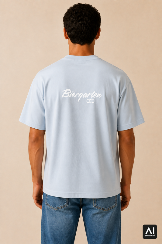 T-Shirt Biergarten CEO Herren – Rückansicht in Weiß und Stonewash Denim