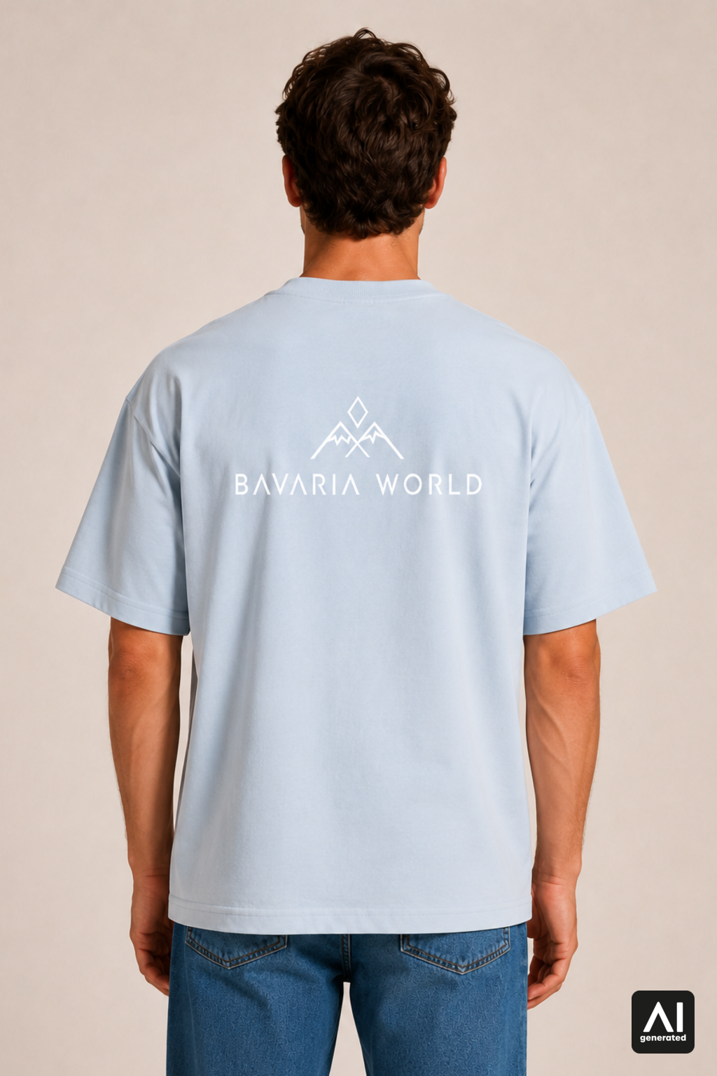 T-Shirt Bavaria World Herren – Rückansicht in Weiß und Stonewash Denim