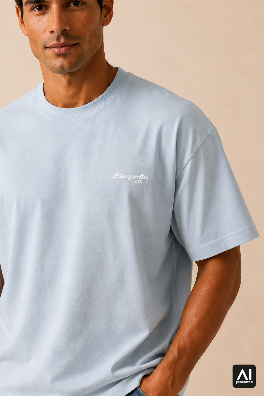 T-Shirt Biergarten CEO Herren – Detailansicht in Weiß und Stonewash Denim