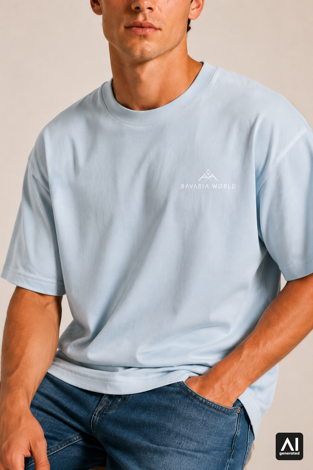T-Shirt Bavaria World Herren – Detailansicht in Weiß und Stonewash Denim