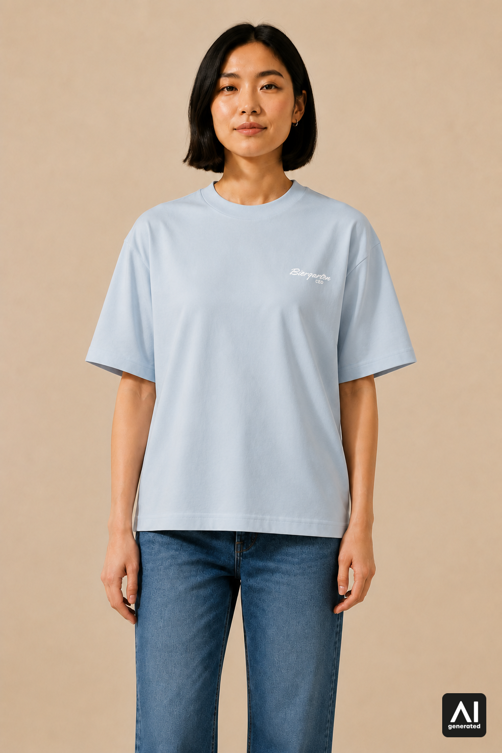 T-Shirt Biergarten CEO Damen – Vorderansicht in Weiß und Stonewash Denim