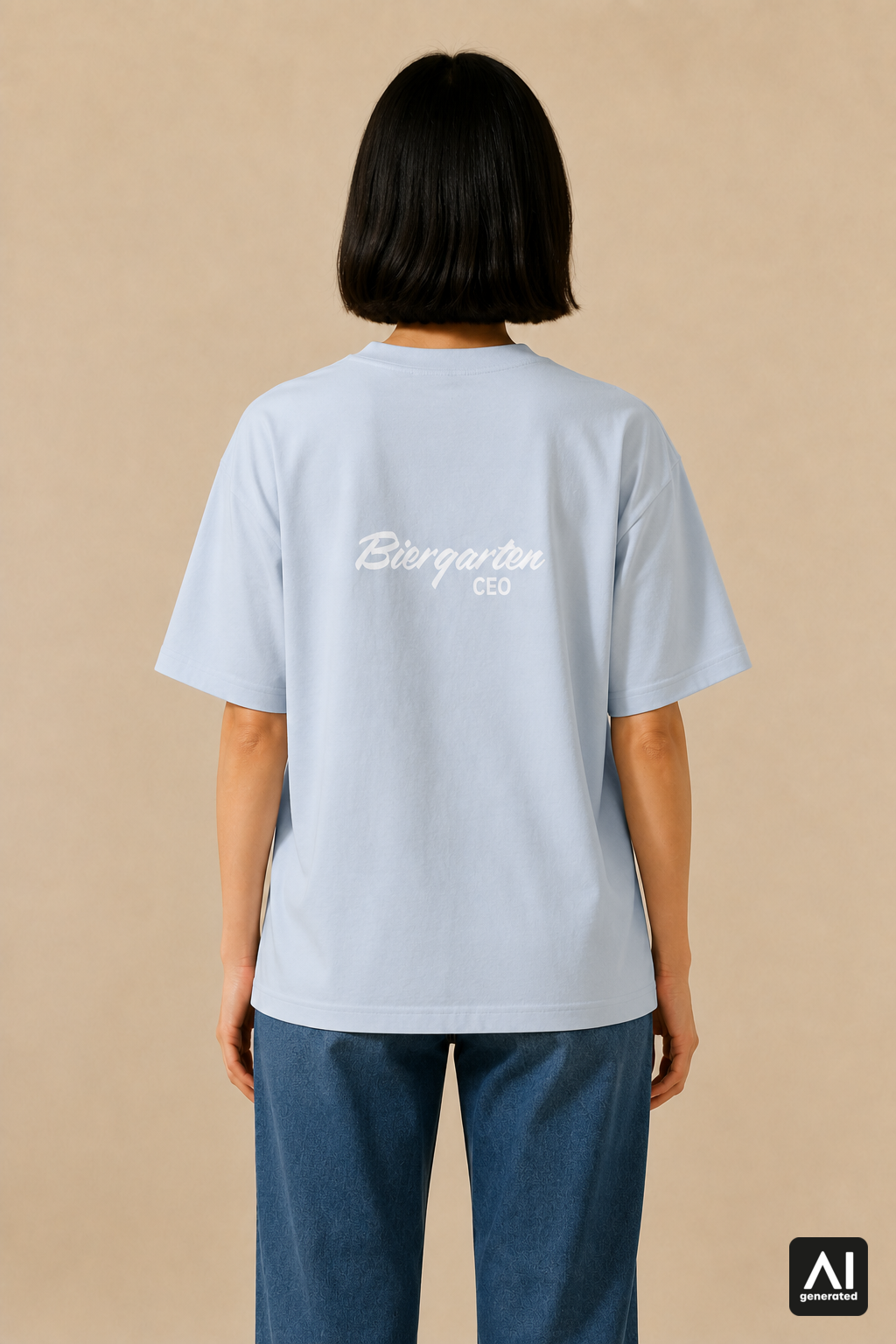 T-Shirt Biergarten CEO Damen – Rückansicht in Weiß und Stonewash Denim