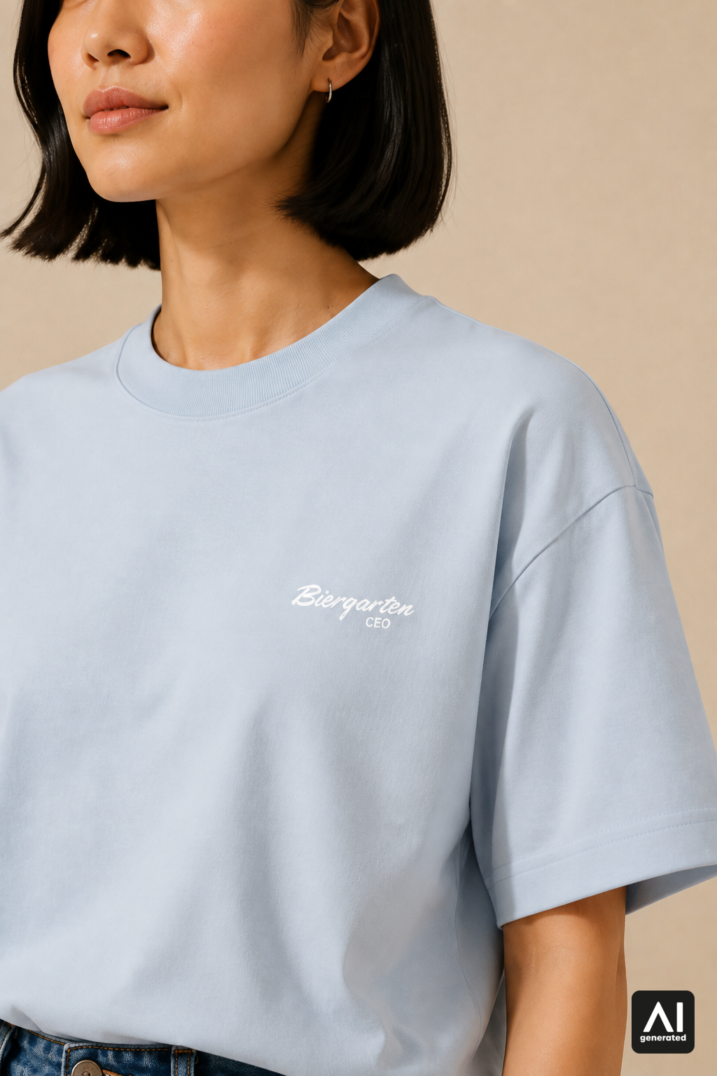 T-Shirt Biergarten CEO Damen – Detailansicht in Weiß und Stonewash Denim